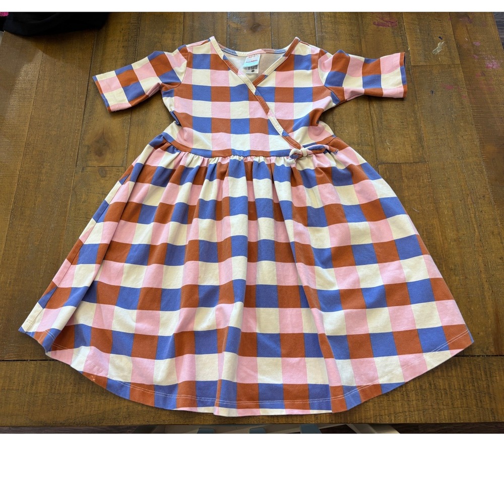 Hanna Andersson Girls Gingham Check Wrap Dress Multicolor Pink Blue Sz 120 6-7